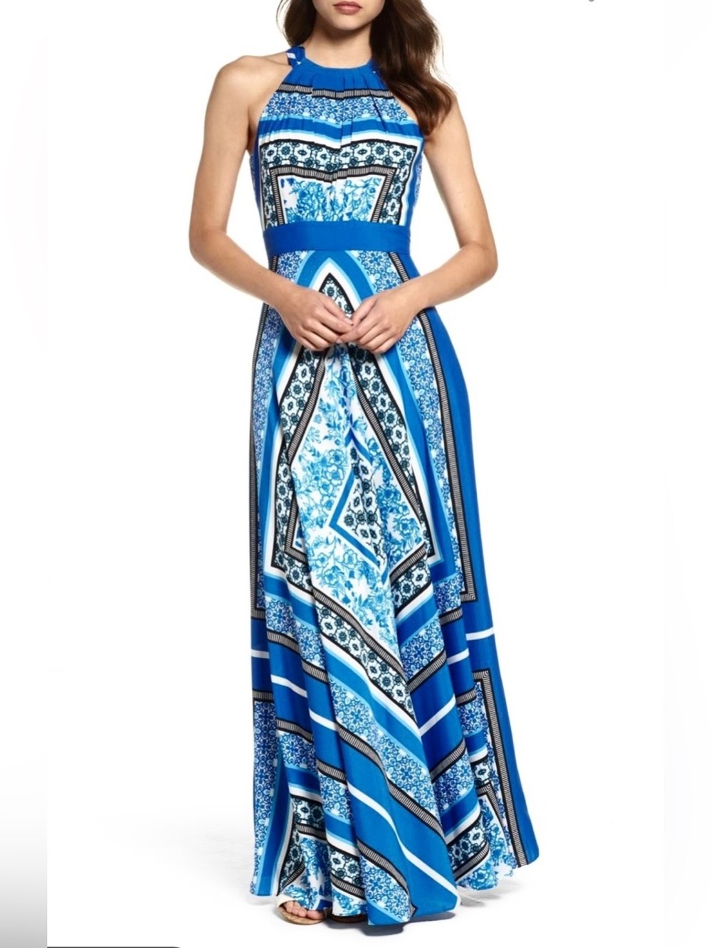Eliza J Scarf Print Halter Maxi Dress Blue White Pleated Neckline Size 4
